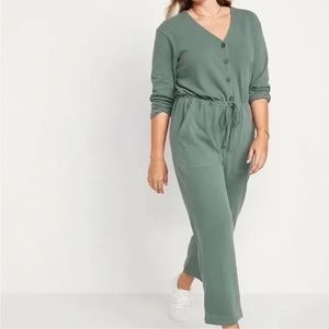 Long-Sleeve Cropped French-Terry Utility Jumpsuit
